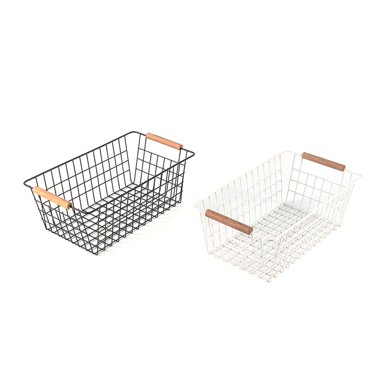 Panier de rangement avec poignée en bois