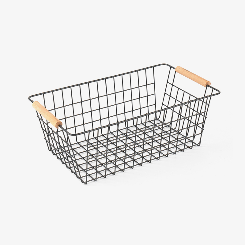 Panier de rangement avec poignée en bois