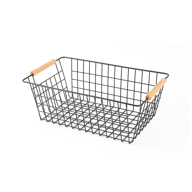 Panier de rangement avec poignée en bois